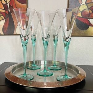 Luigi Bormeoli Vintage Crystal Teal Stem Champagne Flutes Set of 5